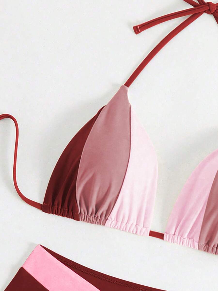 Swim Chiccia Kadın Yaz Yeni Çok Renkli Patchwork Halter Bağcıklı Bikini Takımı