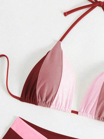 Swim Chiccia Kadın Yaz Yeni Çok Renkli Patchwork Halter Bağcıklı Bikini Takımı