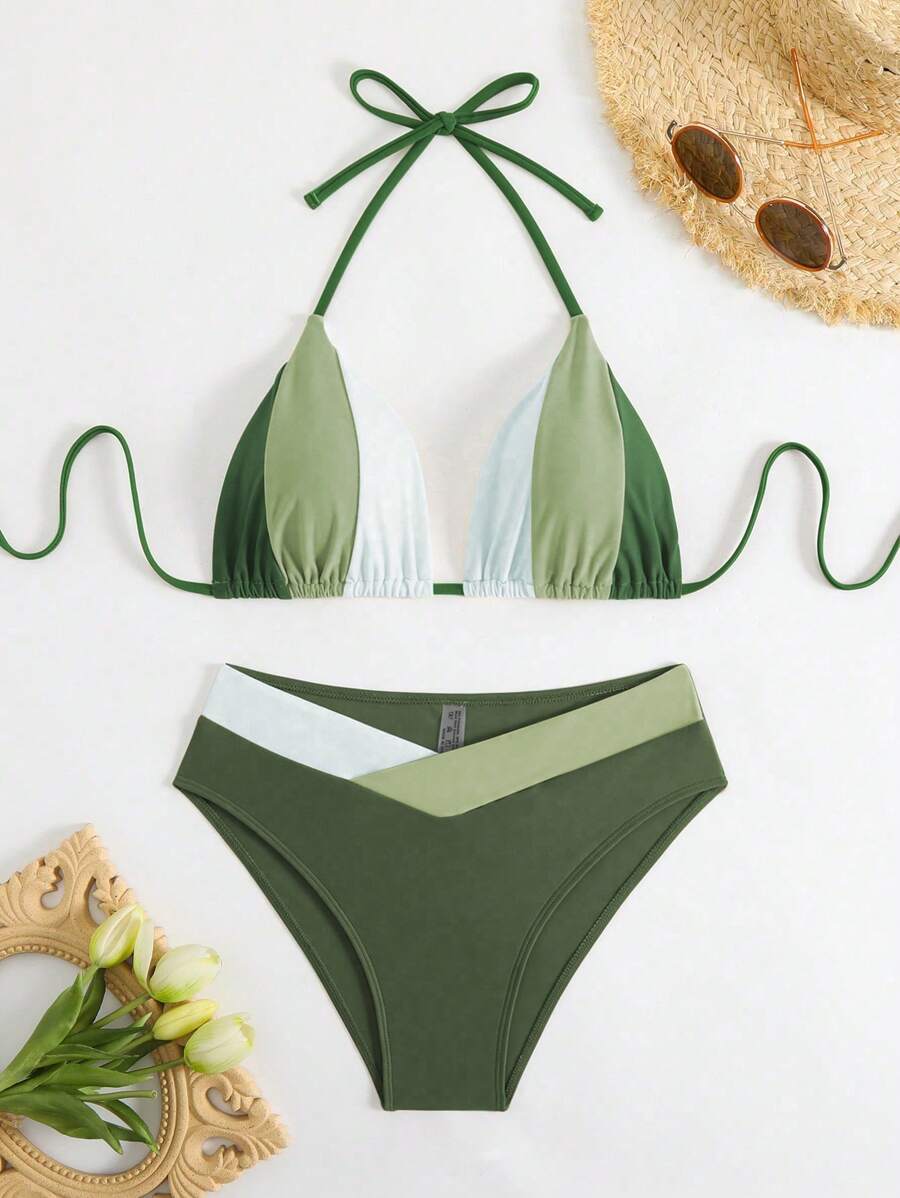 Swim Chiccia Kadın Yaz Yeni Çok Renkli Patchwork Halter Bağcıklı Bikini Takımı