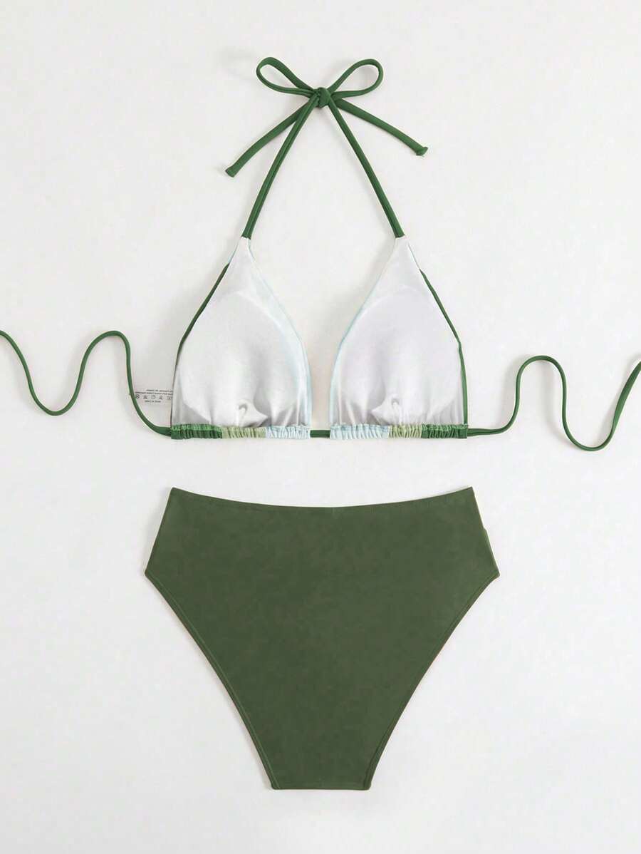 Swim Chiccia Kadın Yaz Yeni Çok Renkli Patchwork Halter Bağcıklı Bikini Takımı