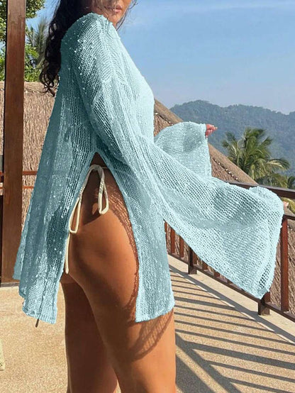 Transparan Zarif Uzun Kollu Beachwear Plaj Elbisesi