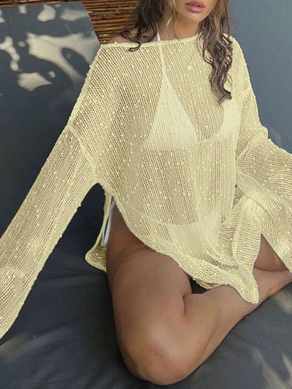 Transparan Zarif Uzun Kollu Beachwear Plaj Elbisesi