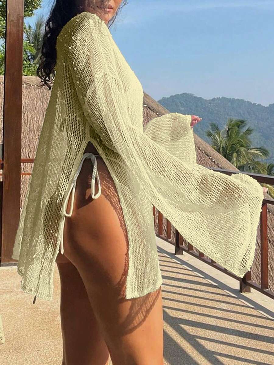 Transparan Zarif Uzun Kollu Beachwear Plaj Elbisesi