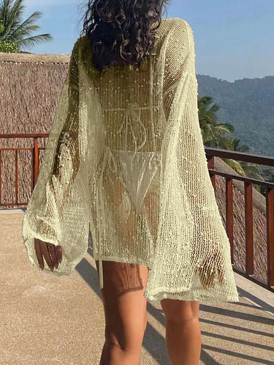 Transparan Zarif Uzun Kollu Beachwear Plaj Elbisesi