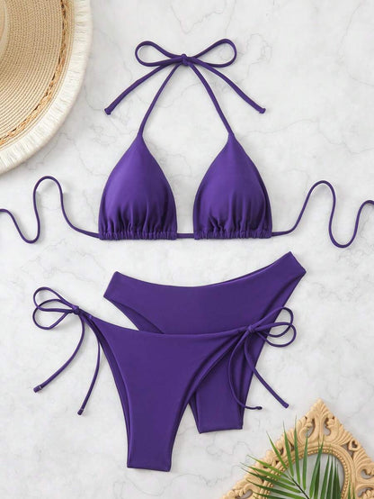 Plaj Düz Renk Halter Bağcıklı Üçgen Bikini Seti