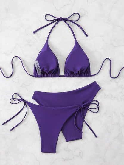 SHEIN Swim Kadın Yaz Plaj Düz Renk Halter Bağcıklı Seksi Bikini Mayo Takımı