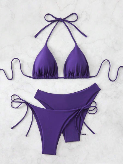 SHEIN Swim Kadın Yaz Plaj Düz Renk Halter Bağcıklı Seksi Bikini Mayo Takımı