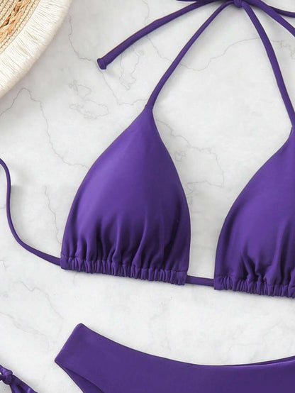 SHEIN Swim Kadın Yaz Plaj Düz Renk Halter Bağcıklı Seksi Bikini Mayo Takımı