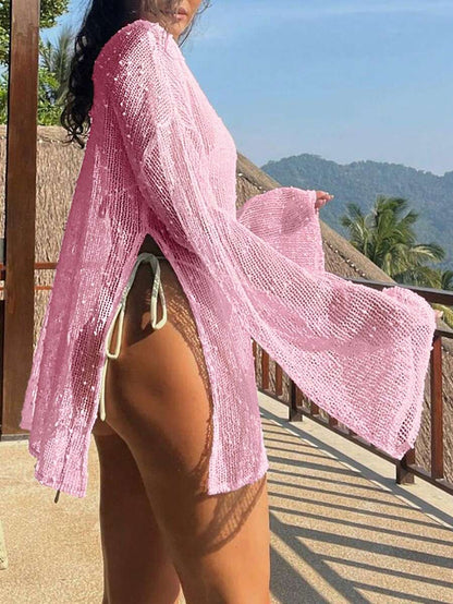 Transparan Zarif Uzun Kollu Beachwear Plaj Elbisesi