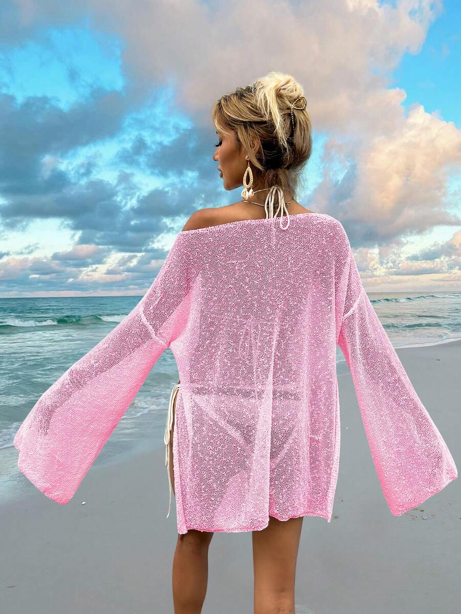 Transparan Zarif Uzun Kollu Beachwear Plaj Elbisesi