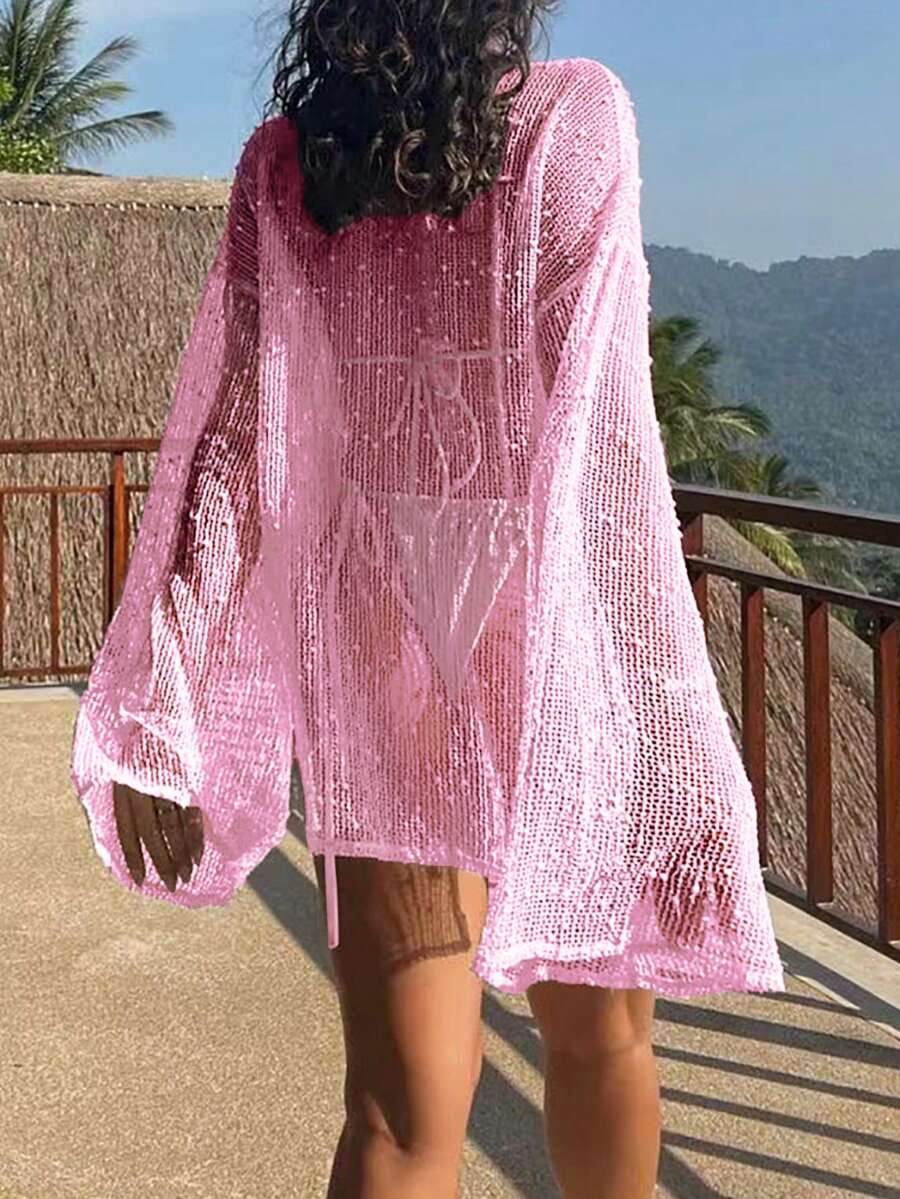 Transparan Zarif Uzun Kollu Beachwear Plaj Elbisesi