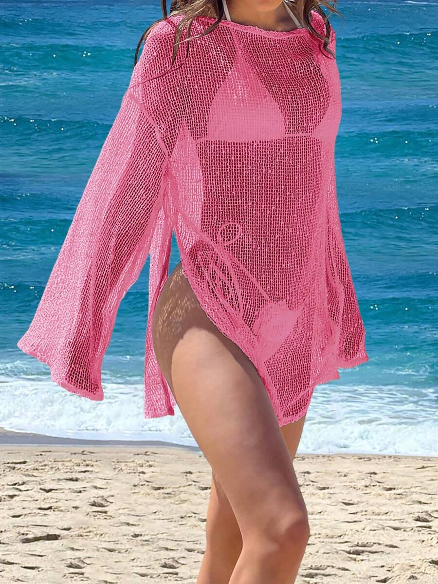 Transparan Zarif Uzun Kollu Beachwear Plaj Elbisesi