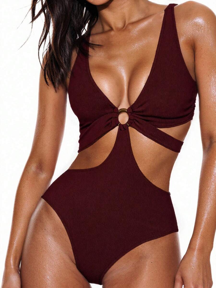 Derin V Yakalı Seksi Sırtı Açık Tek Parça Mayo Yaz Plaj Tatili