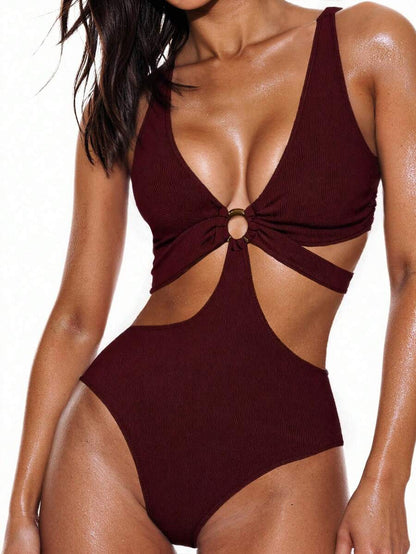 Derin V Yakalı Seksi Sırtı Açık Tek Parça Mayo Yaz Plaj Tatili