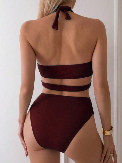 Derin V Yakalı Seksi Sırtı Açık Tek Parça Mayo Yaz Plaj Tatili