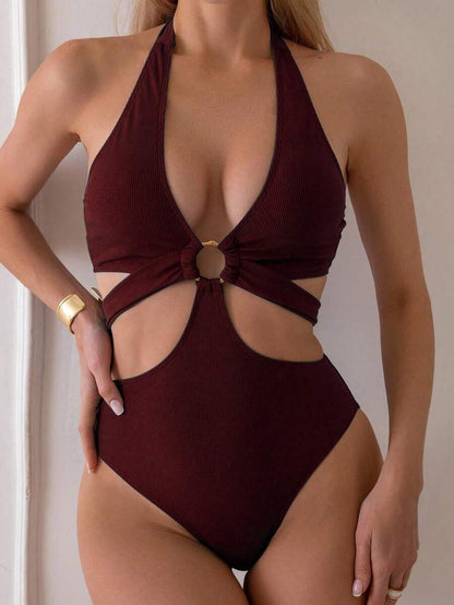 Derin V Yakalı Seksi Sırtı Açık Tek Parça Mayo Yaz Plaj Tatili