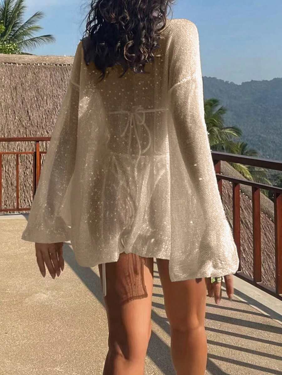 Transparan Zarif Uzun Kollu Beachwear Plaj Elbisesi