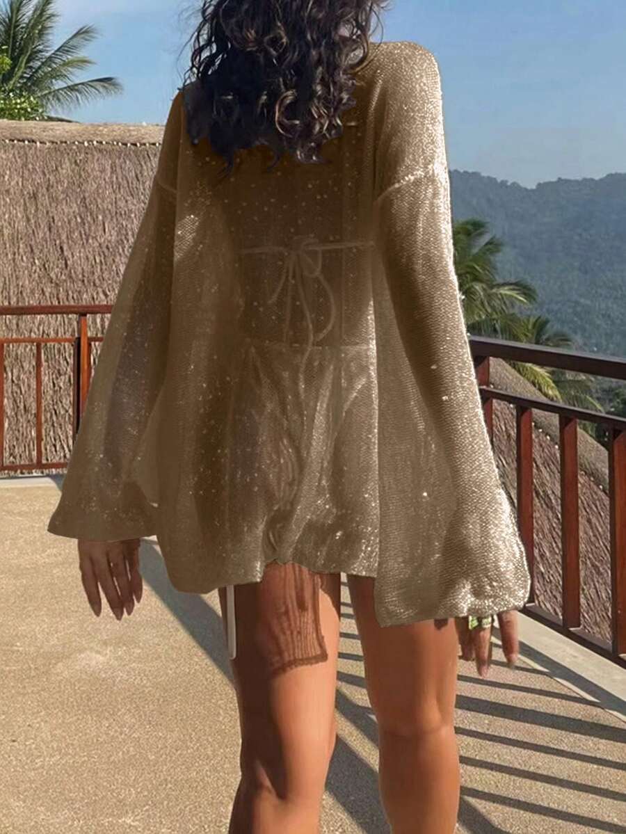 Transparan Zarif Uzun Kollu Beachwear Plaj Elbisesi