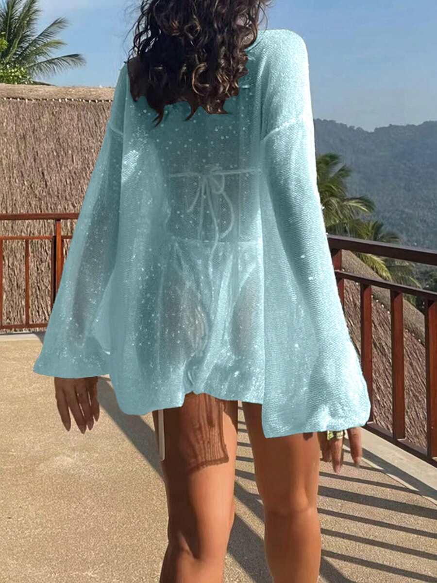 Transparan Zarif Uzun Kollu Beachwear Plaj Elbisesi