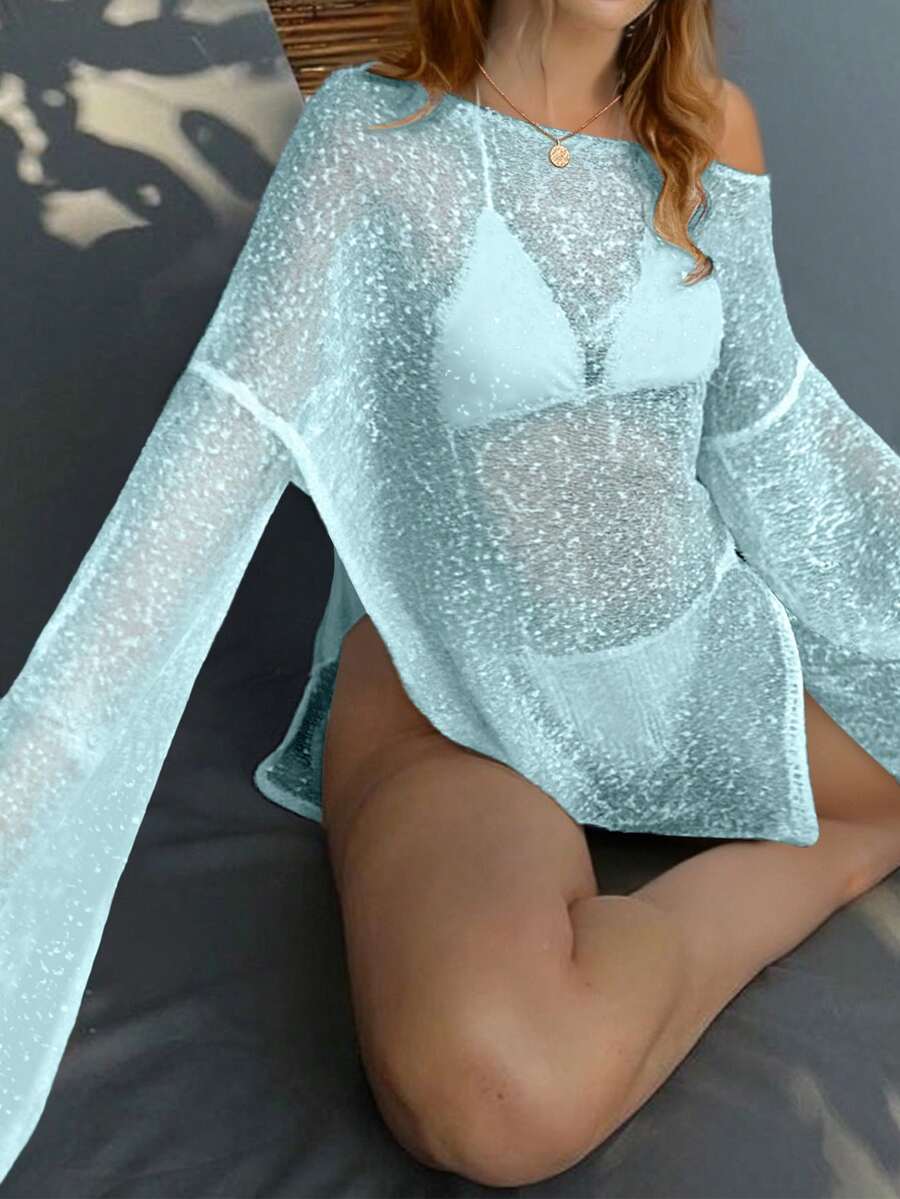 Transparan Zarif Uzun Kollu Beachwear Plaj Elbisesi