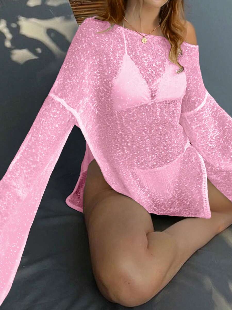 Transparan Zarif Uzun Kollu Beachwear Plaj Elbisesi