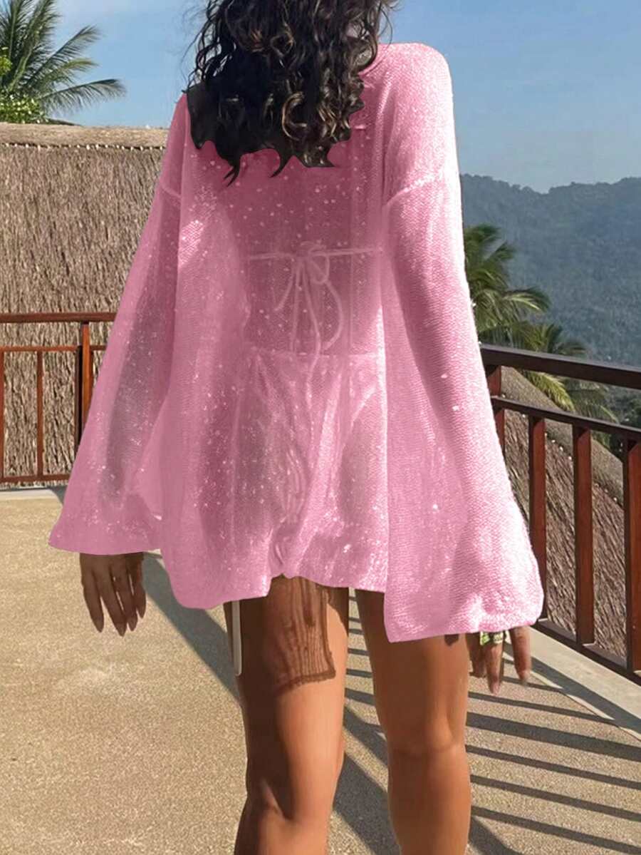 Transparan Zarif Uzun Kollu Beachwear Plaj Elbisesi