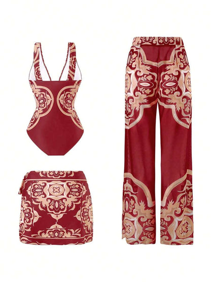 Swim Oasis Takım Etek ve File Pantolonlu Baskılı Mayo