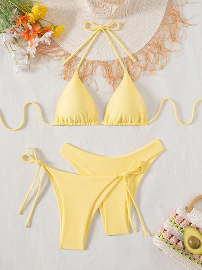 SHEIN Swim Kadın Yaz Plaj Düz Renk Halter Bağcıklı Seksi Bikini Mayo Takımı