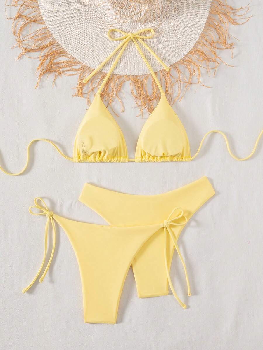SHEIN Swim Kadın Yaz Plaj Düz Renk Halter Bağcıklı Seksi Bikini Mayo Takımı