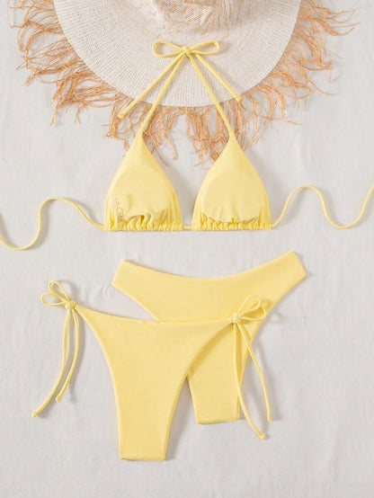 SHEIN Swim Kadın Yaz Plaj Düz Renk Halter Bağcıklı Seksi Bikini Mayo Takımı