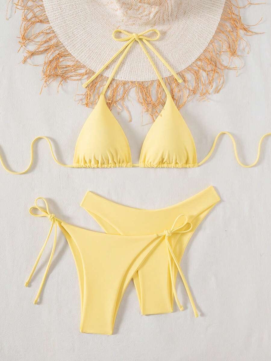 SHEIN Swim Kadın Yaz Plaj Düz Renk Halter Bağcıklı Seksi Bikini Mayo Takımı