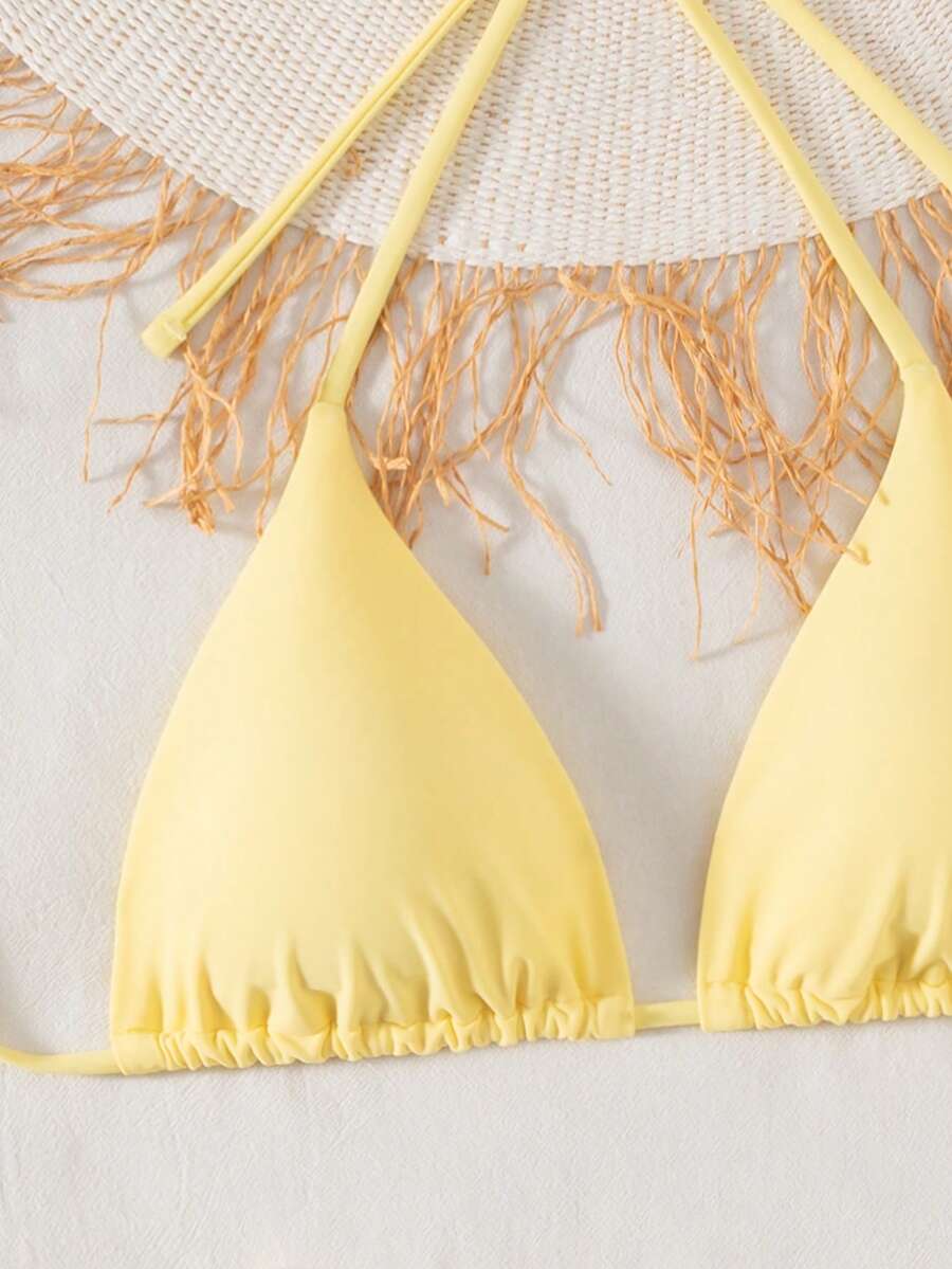 SHEIN Swim Kadın Yaz Plaj Düz Renk Halter Bağcıklı Seksi Bikini Mayo Takımı