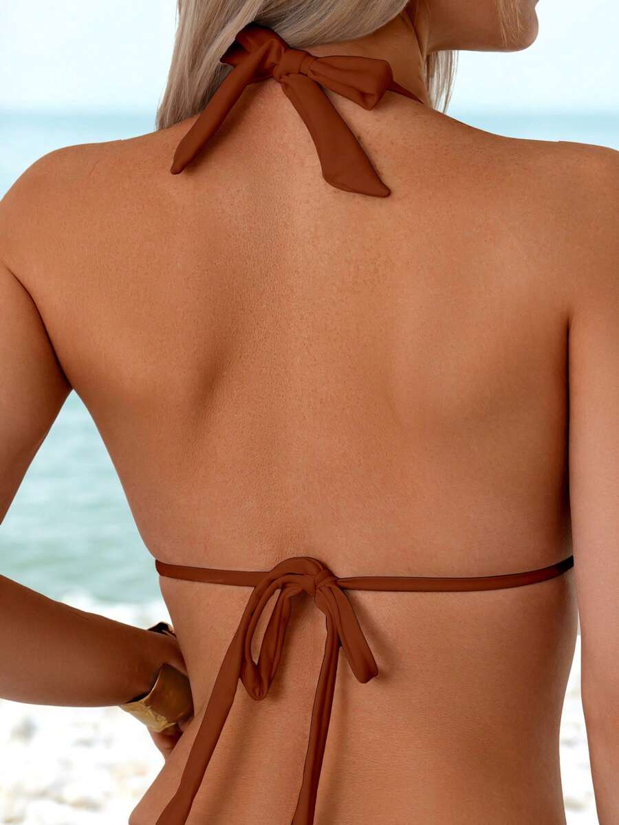 Women Triangle Halter Bikini Set – Solid Tie Side Swimwear