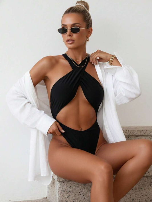 Sırtsız Çapraz Tek Parça Bikini Mayo