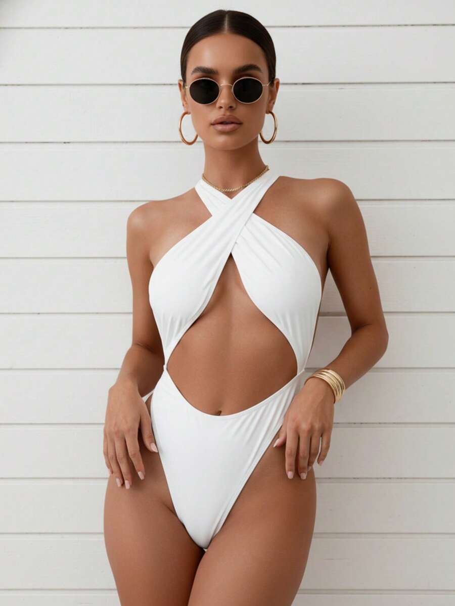 Sırtsız Çapraz Tek Parça Bikini Mayo