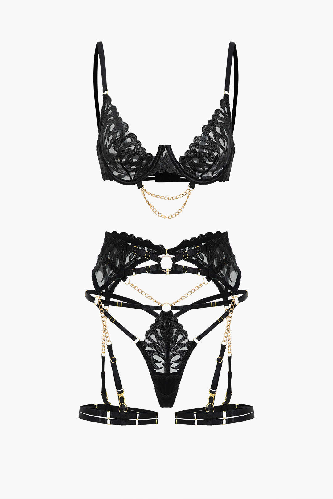 Nakışlı Zincir Detaylı Kesik İç Giyim Jartiyer  Seti