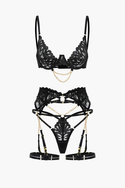 Nakışlı Zincir Detaylı Kesik İç Giyim Jartiyer  Seti