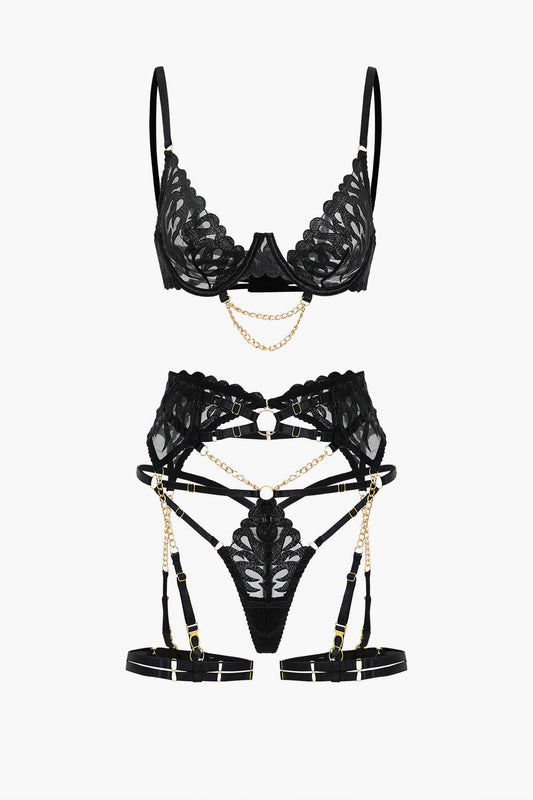 Nakışlı Zincir Detaylı Kesik İç Giyim Jartiyer  Seti