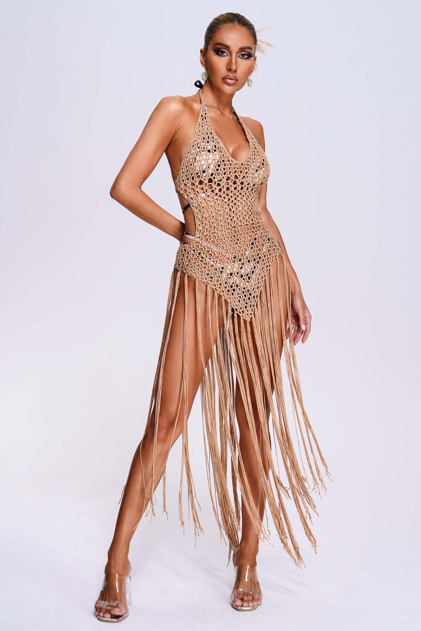 Bohem Tesare Püskül Detaylı Midi Elbise