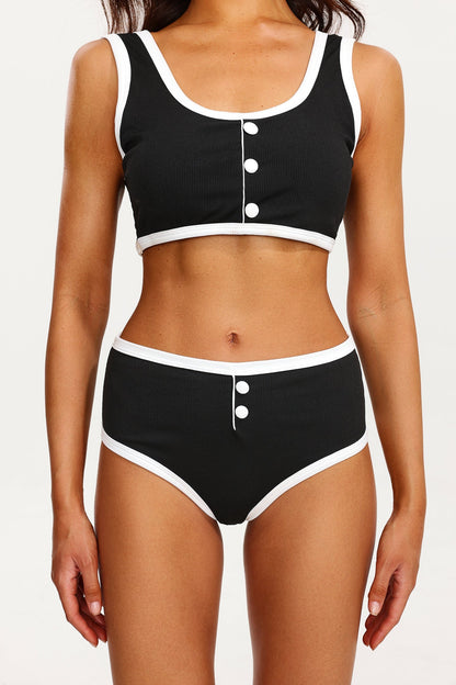 Düğmeli Spandex Siyah Beyaz Mayo Takımı