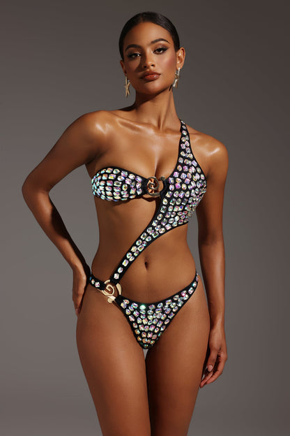 Siyah Tek Omuzlu Taş Detaylı Mayo