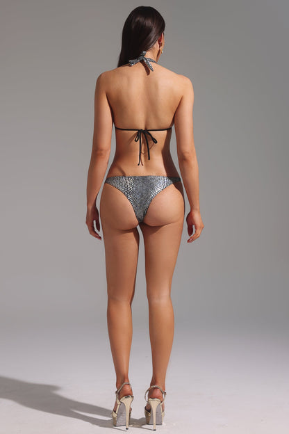 Taş Detaylı Halter Yaka Mini Bikini İkili Set