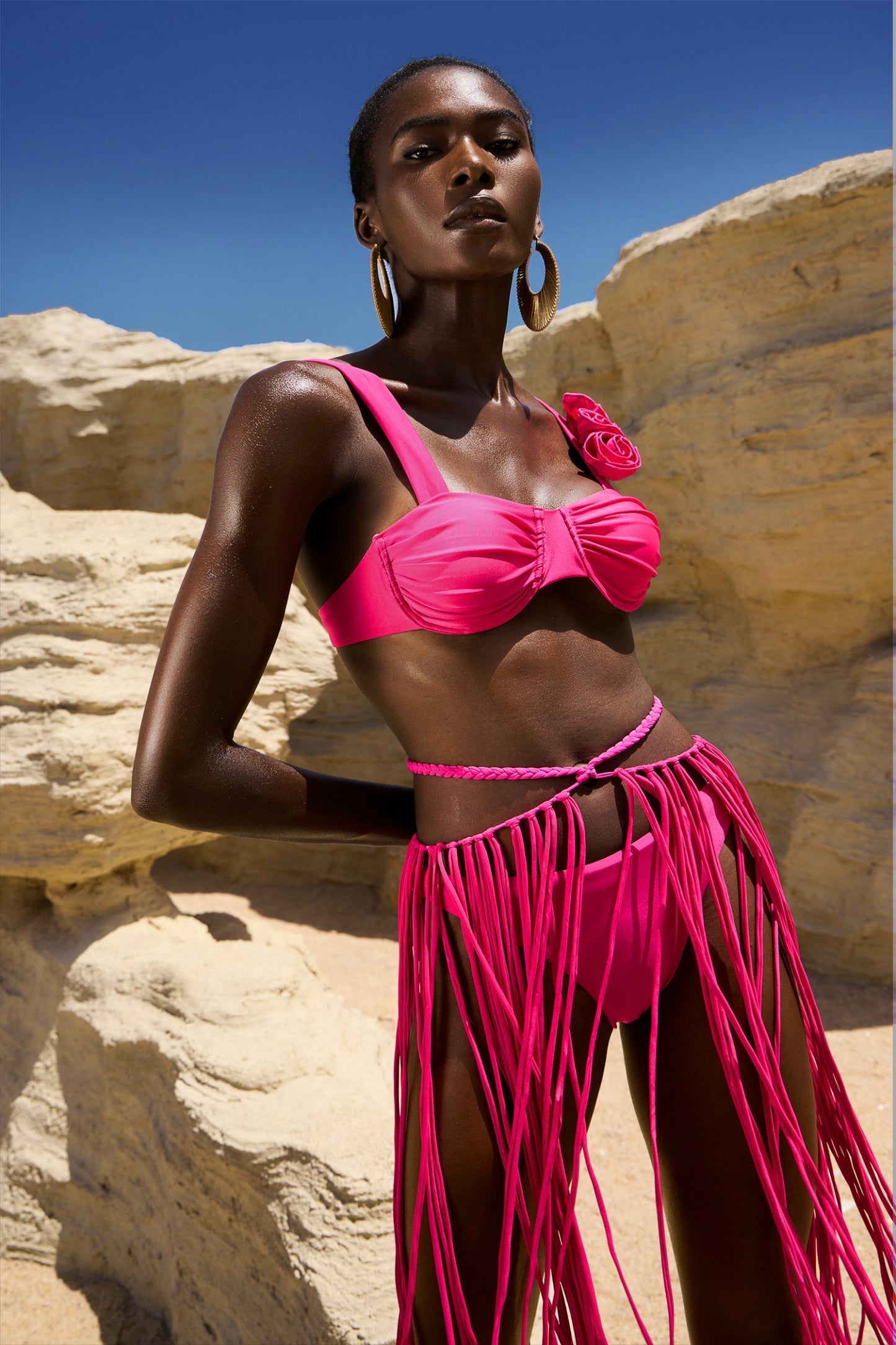 Püsküllü Pembe Üç Parça Bikini Seti