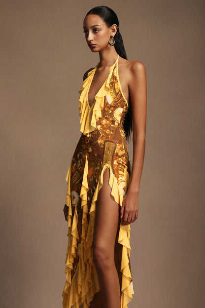 Uri Halter Yaka Kolsuz Volanlı Maxi Elbise