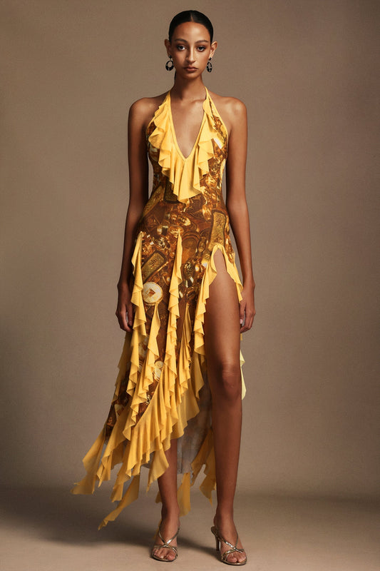 Uri Halter Yaka Kolsuz Volanlı Maxi Elbise