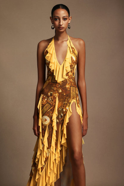 Uri Halter Yaka Kolsuz Volanlı Maxi Elbise