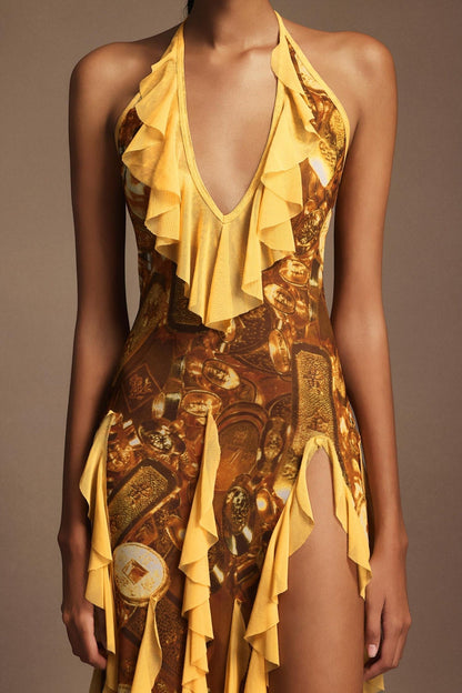 Uri Halter Yaka Kolsuz Volanlı Maxi Elbise