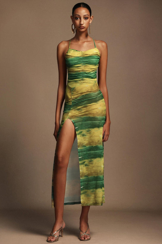 Irana Baskılı Yırtmaçlı Açık Sırtlı Midi Plaj Elbisesi