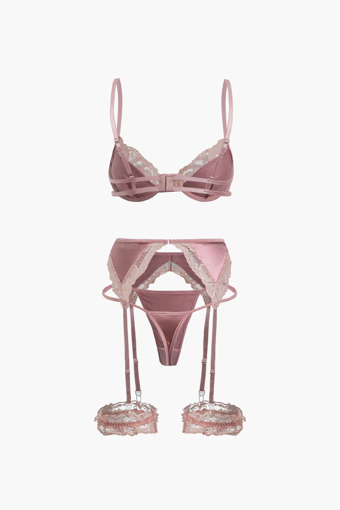 Dantel Saten Pembe İç Giyim Jartiyer  Seti