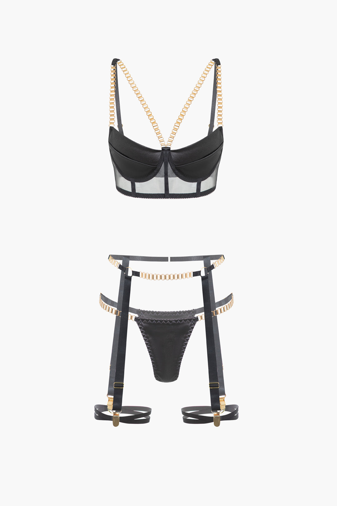 Zincirli Bustier Kontrast File İç Giyim Jartiyer Seti